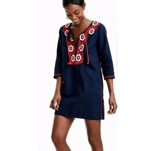 J Crew Navy Linen Blend Embroidered Beach Tunic